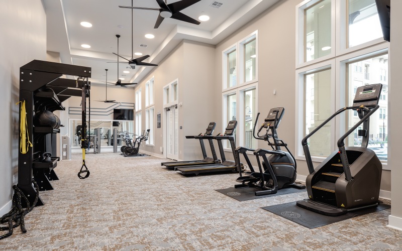 Gym with cardio machines and TRX equipment