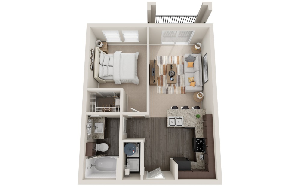 At - 1 bedroom floorplan layout with 1 bathroom and 610 square feet