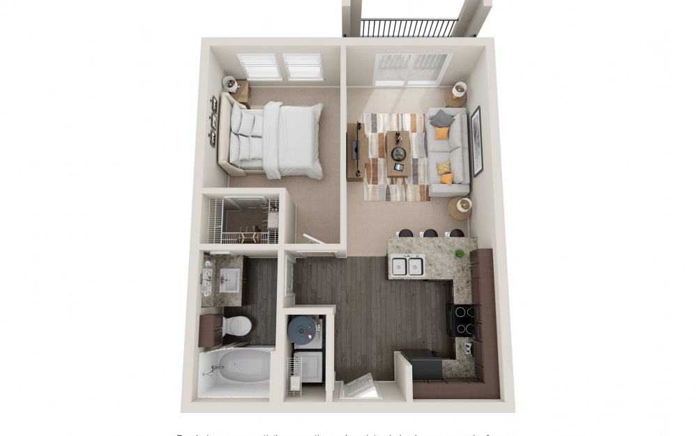At - 1 bedroom floorplan layout with 1 bath and 610 square feet.