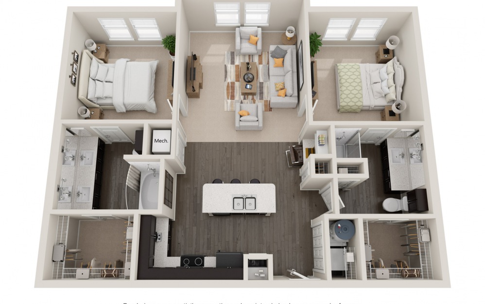 B2P - 2 bedroom floorplan layout with 2 baths and 1110 square feet.