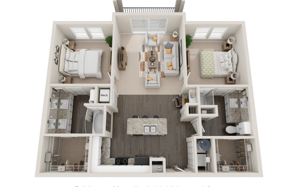 B2t - 2 bedroom floorplan layout with 2 baths and 1180 square feet.