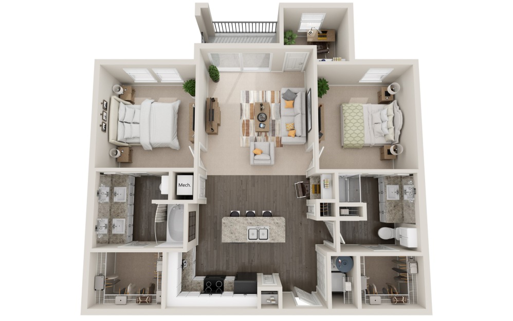 B2tO - 2 bedroom floorplan layout with 2 bathrooms and 1220 square feet