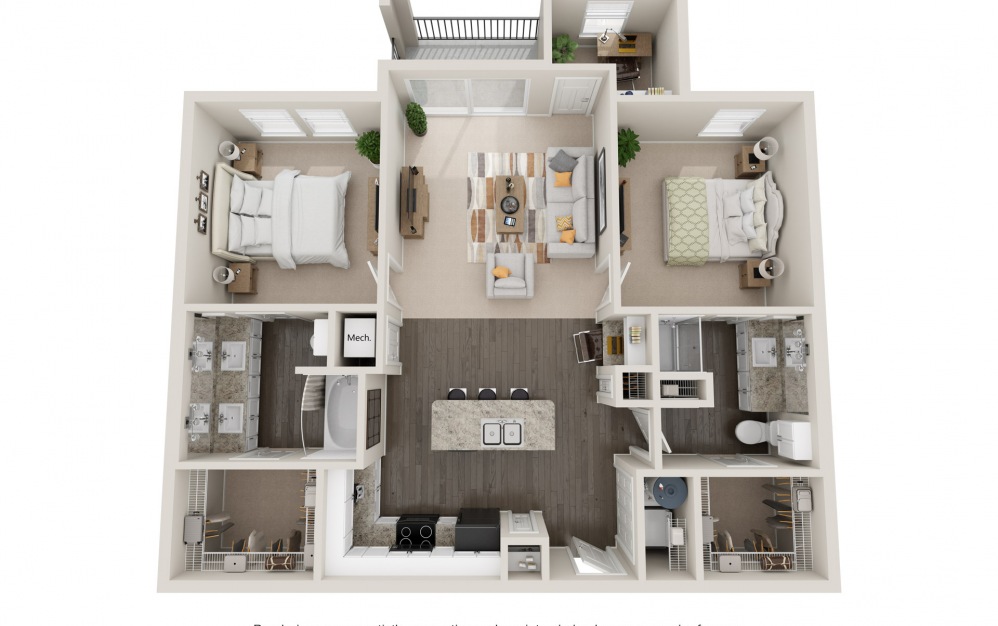 B2tO - 2 bedroom floorplan layout with 2 baths and 1220 square feet.