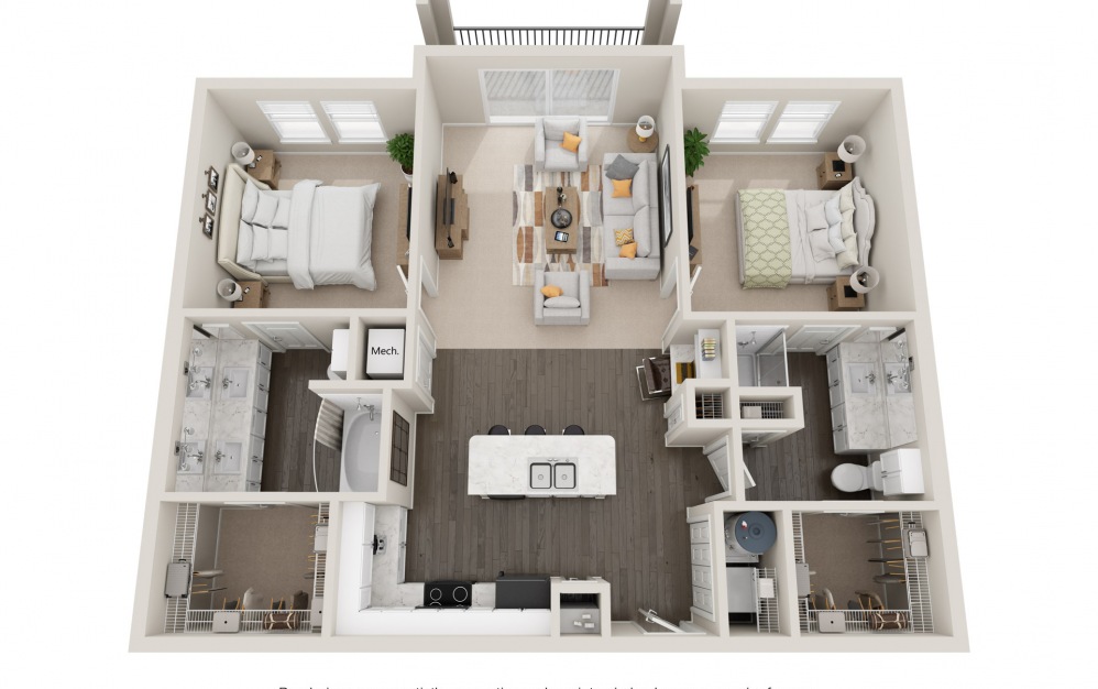 B2tP - 2 bedroom floorplan layout with 2 baths and 1180 square feet.