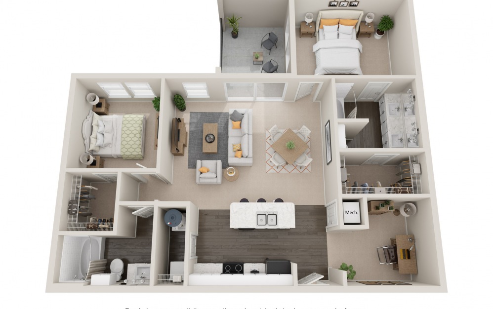 B4tOP - 2 bedroom floorplan layout with 2 baths and 1300 square feet.